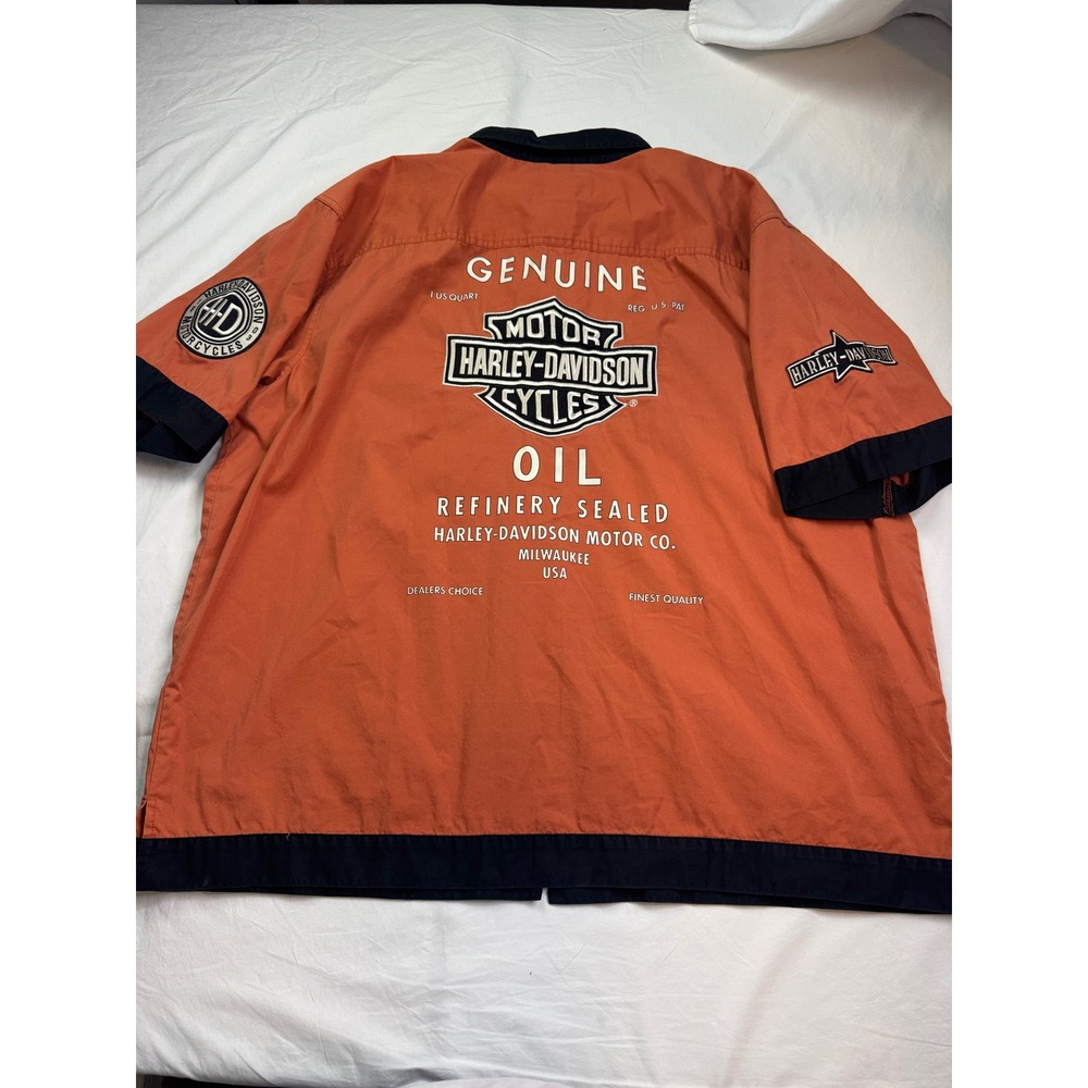 Harley-Davidson Mens XXXL Orange Black Genuine Oil Garage Work Shirt Embroidered